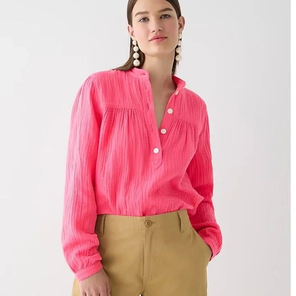 J. Crew Pink Soft Gauze Cotton Fresco Popover Long Sleeve Relaxed Fit Top L